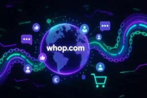 Futuristic AI-style visualization of Whop’s social commerce operations with globe, data streams, and social icons in Whop-inspired colors