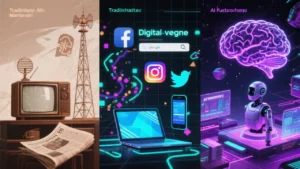 Futuristic timeline visualization showing marketing evolution from traditional TV/radio/press era through digital social media age to AI-dominated future by 2030, rendered in neon tech aesthetic.