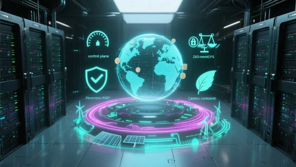 Futuristic data center with a glowing AI control plane, neon data streams from global edge nodes, and icons for speed, reliability, cost, compliance, and sustainability.