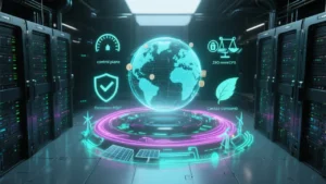 Futuristic data center with a glowing AI control plane, neon data streams from global edge nodes, and icons for speed, reliability, cost, compliance, and sustainability.