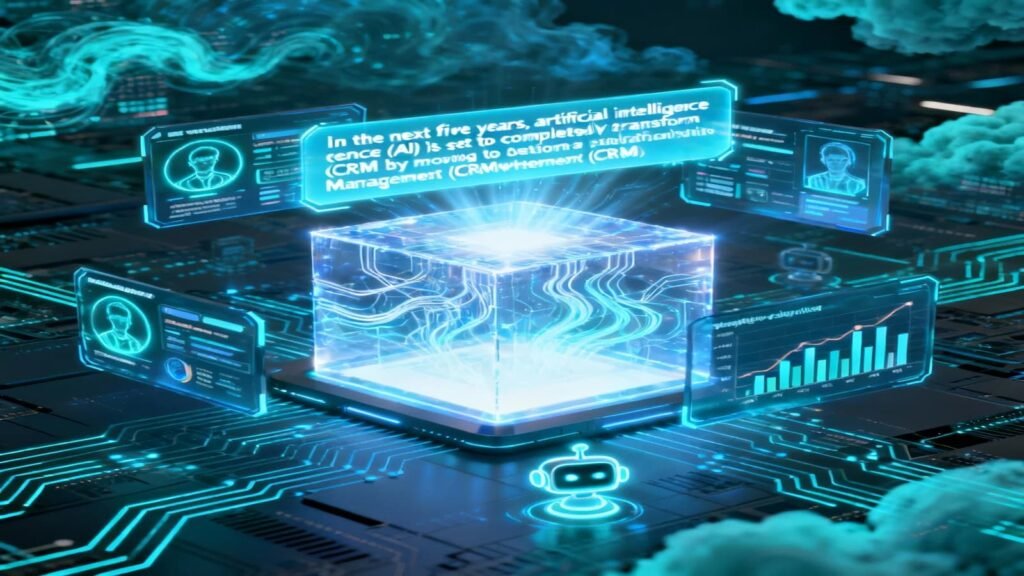 AI-powered CRM concept: a holographic system with neural networks, data streams, and intelligent customer insights.
