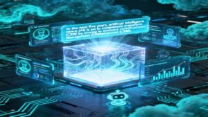 AI-powered CRM concept: a holographic system with neural networks, data streams, and intelligent customer insights.