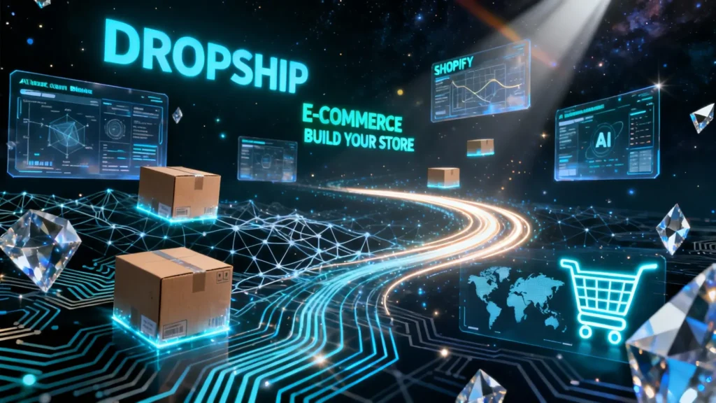 A futuristic image with a hologram style depicting the key elements of dropshipping.