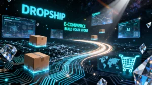 A futuristic image with a hologram style depicting the key elements of dropshipping.