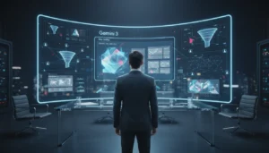 A cinematic, futuristic digital marketing command center in the year 2025. A professional marketer stands in front of a massive, curved holographic interface. The screen displays a "Gemini 3" dashboard featuring "Vibe Coding" visualizations: glowing abstract shapes transforming into website layouts in real-time. Floating data widgets show 3D funnel analytics and automated agents connecting nodes. The lighting is sleek and modern, utilizing a palette of deep charcoal, soft neon blue, and Google-brand colors (subtle red, blue, green, yellow accents). 16:9 aspect ratio, hyper-realistic, 8k resolution,