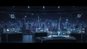 “Futuristic AI-powered mission control center overlooking a digital city, representing advanced marketing technology. such as Google antigravity