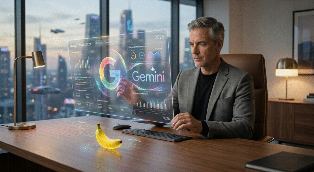 an image depicting a seasoned marketeer taking advantage of Google Workspace AI in 2026