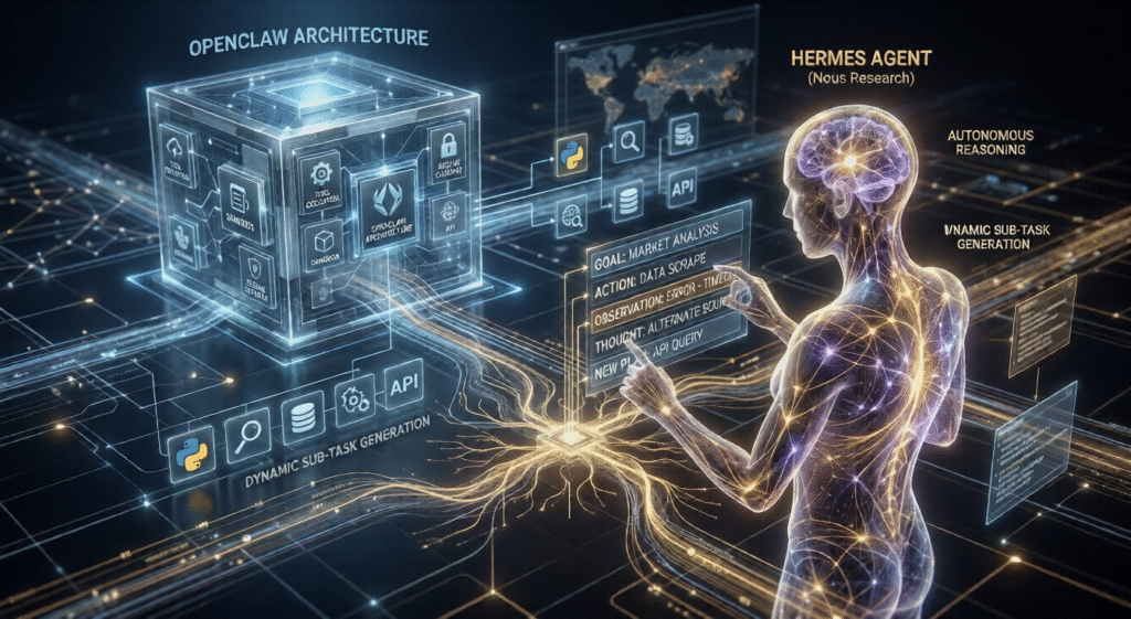 an image depicting If OpenClaw is the engine and chassis for a self-driving digital car, Hermes Agent might just be the superhuman driver with an intuitive understanding of the destination.